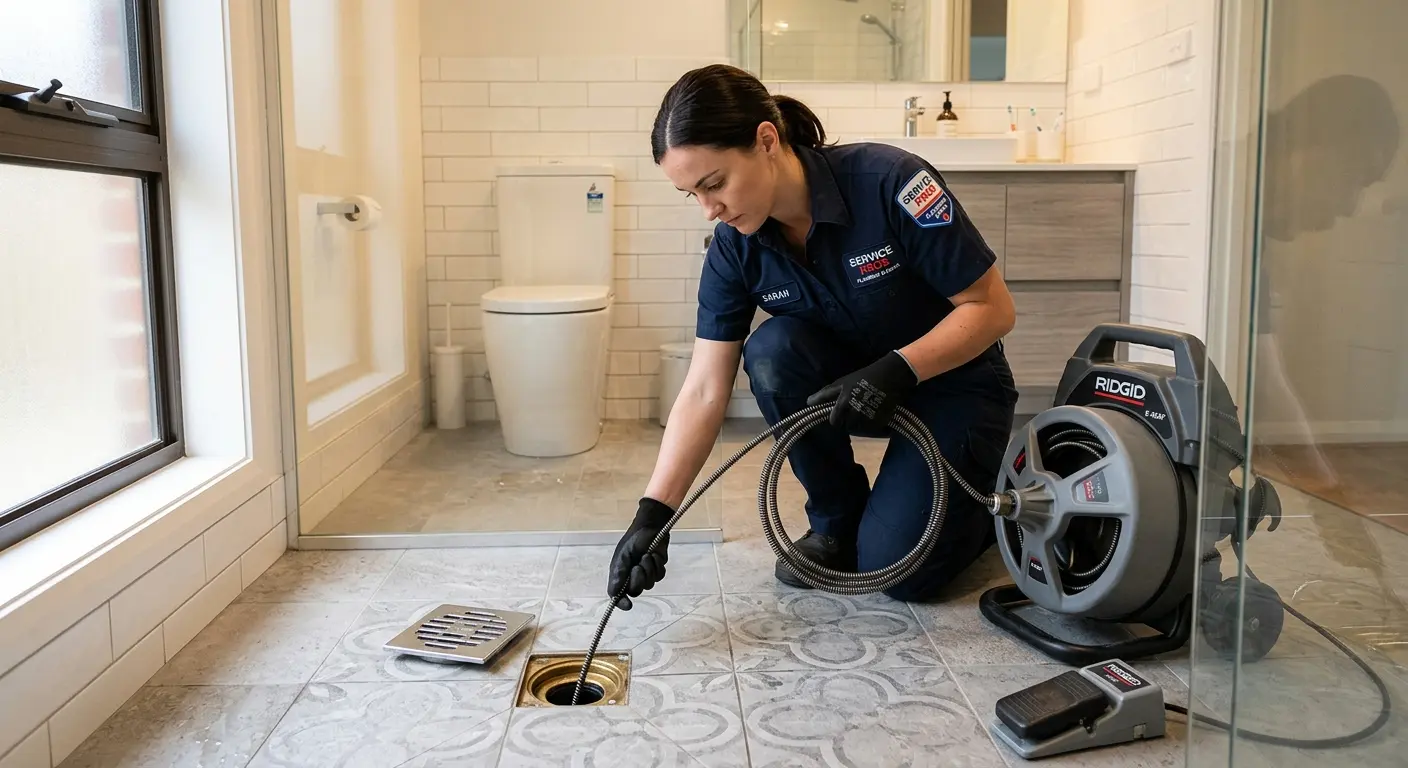 Technician clearing a bathroom floor drain for Sewer Line Installation in Warrenton
